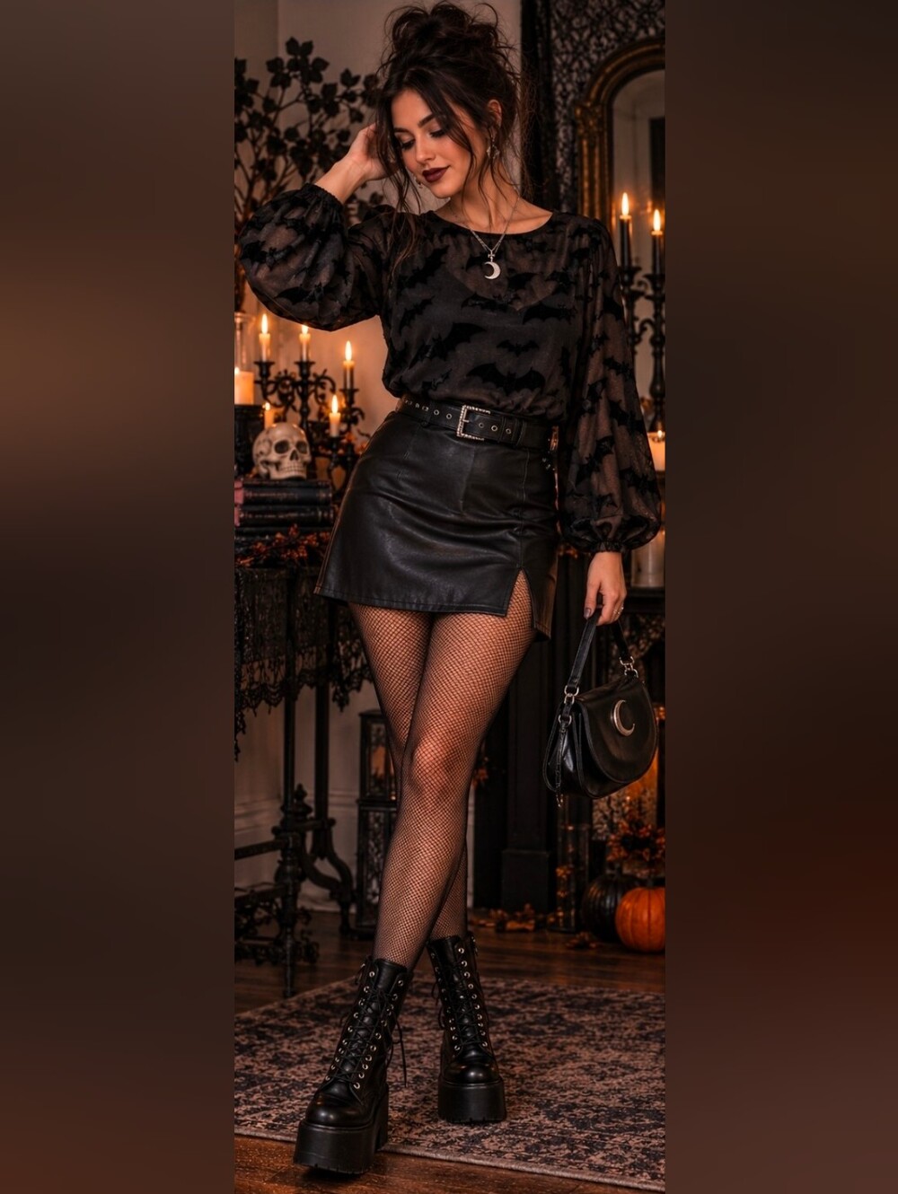 Black Bat Blouse M Crushed Velvet Halloween Goth Long Sleeve